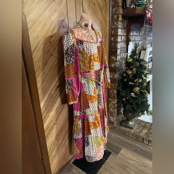 FATE Women's Medium Happy For You Patchwork Midi Dress Fuchsia Pink Boho - Picture 6 of 10